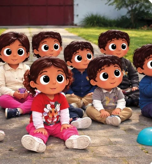 Ilustración de niñas y niños del Hogar sentados juntos en el patio